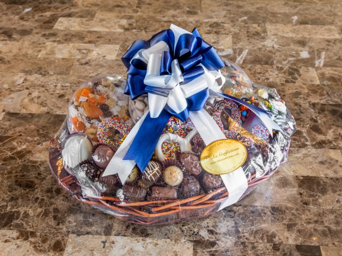 Assorted chocolates and nuts basket.